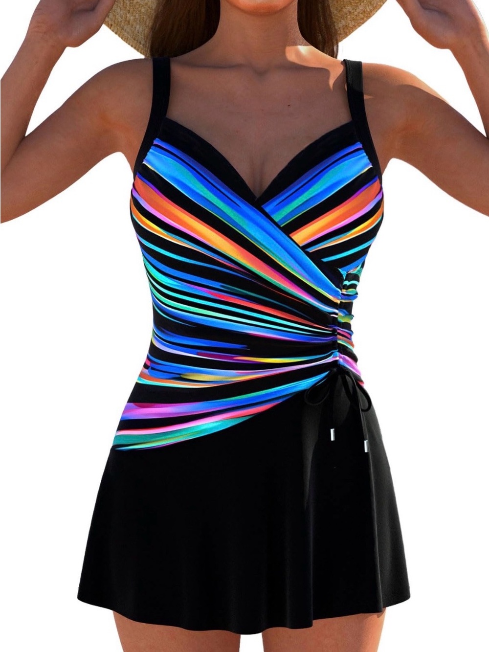 ROSEWE Modest One Piece Swimsuit - Rainbow Stripe V-Neck Large